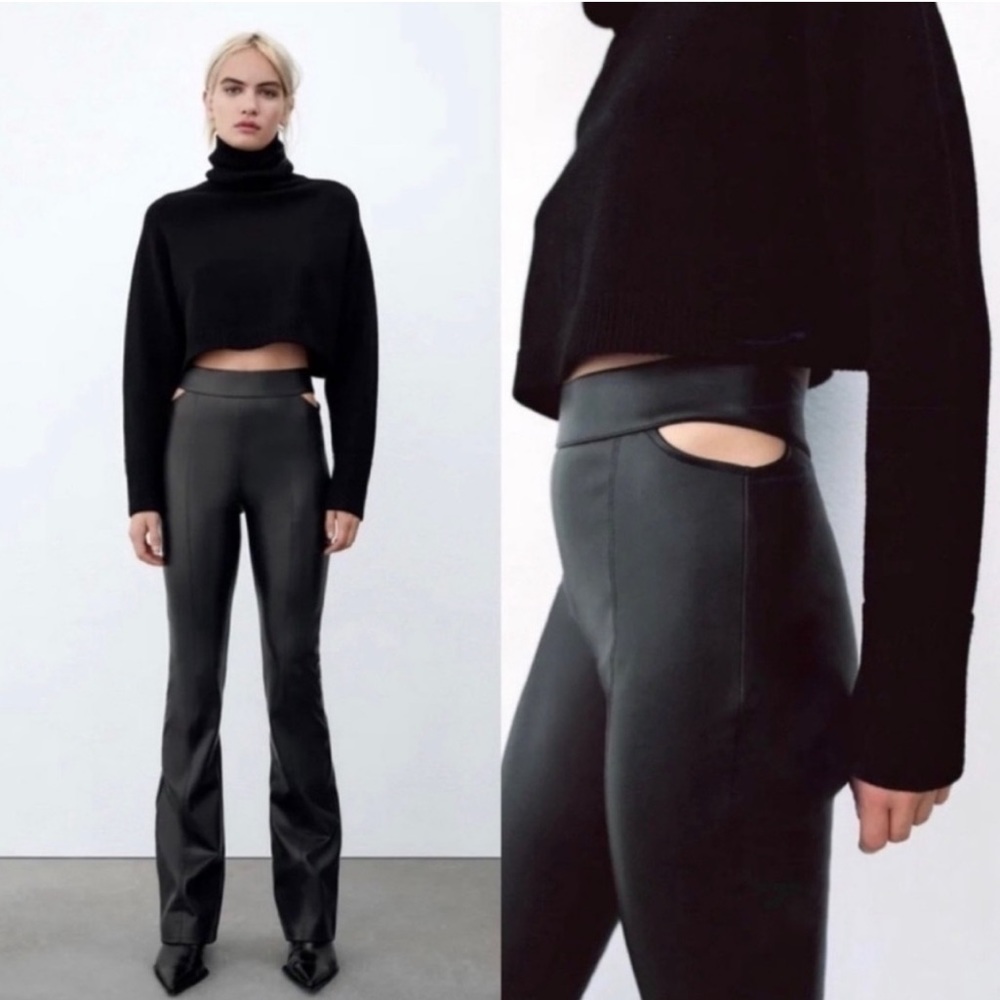 Zara Cut Out Faux Leather Flare Pants - Picture 1 of 10